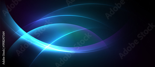 Abstract design features flowing curves, vibrant blues, purples. Light radiates from central point, creating dynamic visual effect.