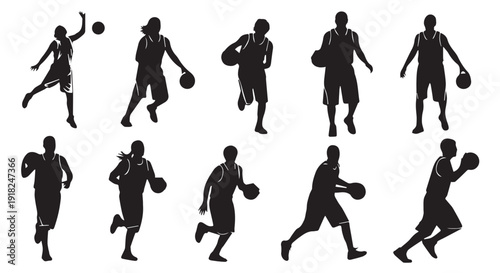 Collection of dynamic basketball player silhouettes in various poses and movements on Transparent Background