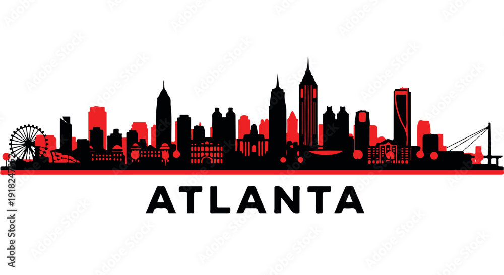 Naklejka premium Vibrant red and black silhouette of Atlanta city skyline with ferris wheel and skyscrapers on Transparent Background.
