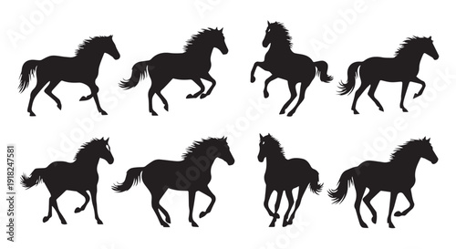 Collection of running horse silhouettes in various dynamic poses and movements on Transparent Background.