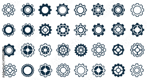 Collection of various gear icons in black and white, symbolizing mechanics, engineering, and technology concepts.