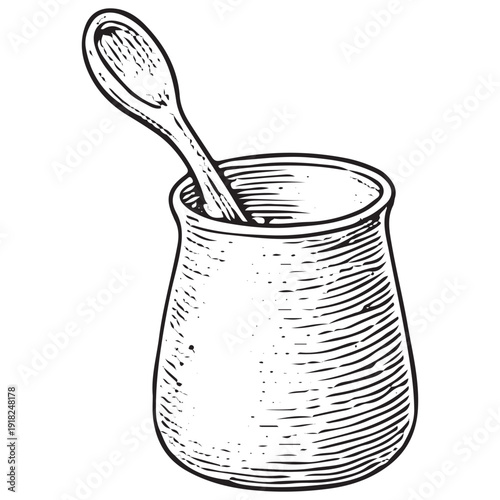Small pitcher with spoon sketch, creamer jug illustration, kitchen vessel vector