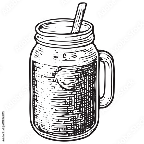 Mason jar mug sketch, drinking glass with handle illustration, beverage vector