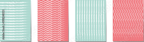 Four rectangular patterns with stripes and zigzags in pink and blue