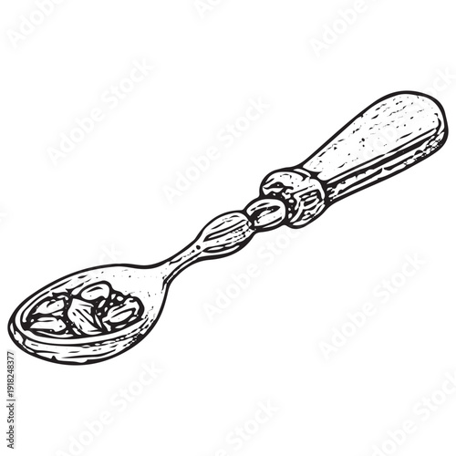 Ornate coffee spoon sketch, teaspoon with beans illustration, cutlery vector