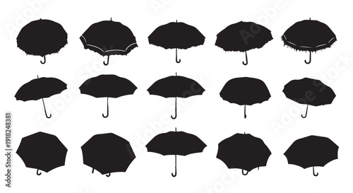 Collection of black umbrellas in various shapes and sizes, isolated on Transparent Background, for design and icon use.
