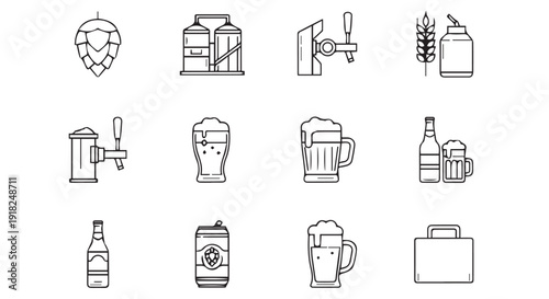 Collection of beer icons including bottles, mugs, kegs, and hops, black line drawings on Transparent Background.