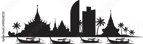 Phuket city skyline silhouette illustration with famous thai landmark building