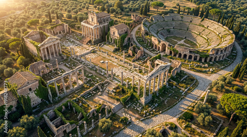 Vista aérea hiperrealista desde dron de ruinas de ciudad romana con foro, columnas y anfiteatro. Concepto histórico, arqueológico y patrimonial.