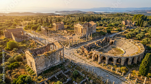 Vista aérea hiperrealista desde dron de ruinas de ciudad romana con foro, columnas y anfiteatro. Concepto histórico, arqueológico y patrimonial.