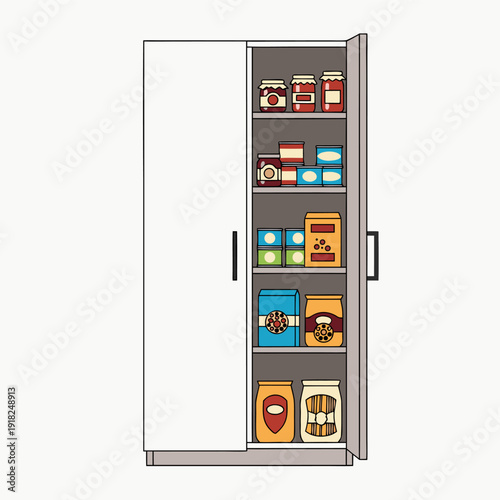 Organized kitchen cabinet with diverse selection of colorful packaged food and condiment jars neatly stored on shelves