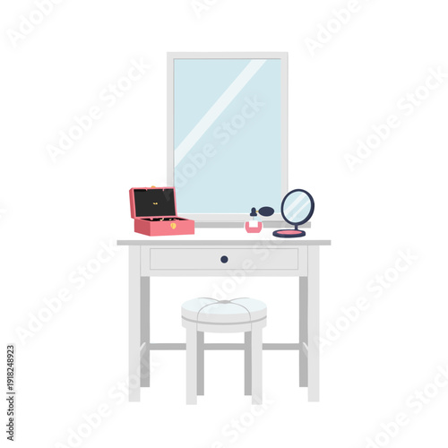 Elegant white vanity with stool, compact mirror, jewelry box, perfume bottle, and large mirror for stylish bedroom decor