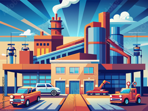 Colorful industrial factory scene with vehicles and machinery under vibrant sky and smokestacks in a futuristic urban setting