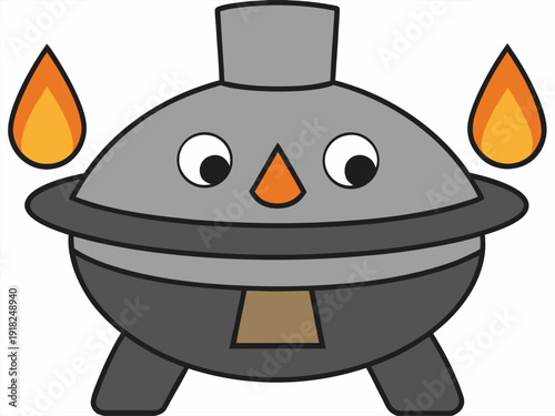 Cute kettle-inspired bird character with flames: adorable design features cartoon eyes, round body, and metallic finish