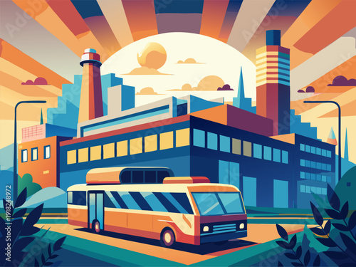 Vibrant cityscape at sunrise with bus against modern geometric skyline and urban buildings in a colorful graphic style