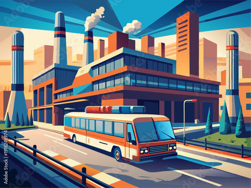 Retro-futuristic landscape with bus and industrial cityscape featuring smokestacks and geometric architecture in vivid colors