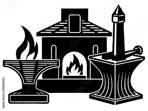 Blacksmith's workshop: anvil, forge, and fireplace silhouette with flames and hammer for traditional metalworking