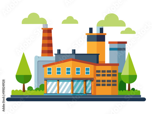 Eco-friendly factory complex with smokestacks, modern buildings, and greenery under cloudy sky