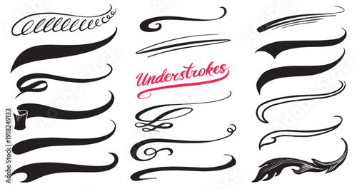 Underline strokes or swoosh for calligraphy end lettering. hand drawn brush made elements with swirls and flourish in traditional style for football baseball and other logo design