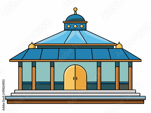 Classic pavilion with blue roof and golden elements showcasing traditional architectural design on white background
