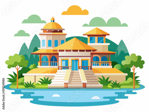 Charming villa with dome roofs and tropical gardens by a serene lake and mountainous backdrop