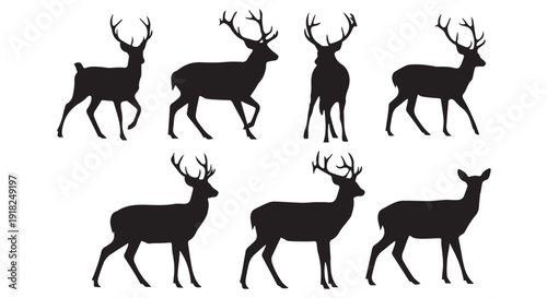 Seven black silhouettes of deer with antlers walking in different directions on Transparent Background.