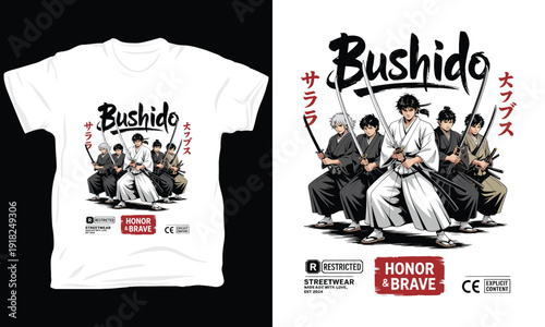 Bushido samurai warriors group illustration for streetwear apparel design vector graphics
