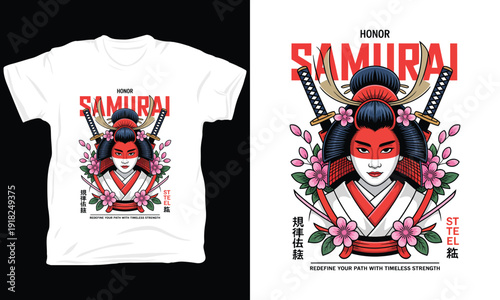 Samurai geisha girl illustration on t-shirt graphic design concept with sword and flower