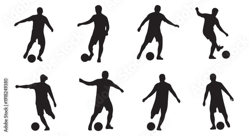 Silhouette of soccer players in various poses with balls on Transparent Background, kicking and dribbling in different movements.