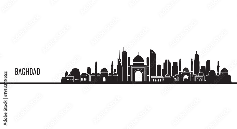 Obraz premium Black silhouette cityscape of Baghdad, Iraq with iconic buildings and skyline