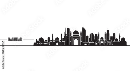 Black silhouette cityscape of Baghdad, Iraq with iconic buildings and skyline