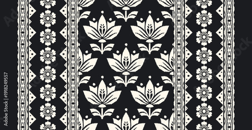 Black and White Floral Ikat Border. Ethnic Lotus Ornament. Monochromatic Tribal Flower Pattern. Seamless Bohemian Textile Surface Design. Traditional Folk Floral Wallpaper Strip. Tribal Lace Ornament.