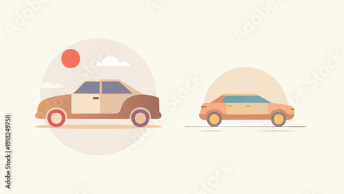 Two simplified, flat-design cartoon cars driving on a beige background with circular elements representing the sun and clouds