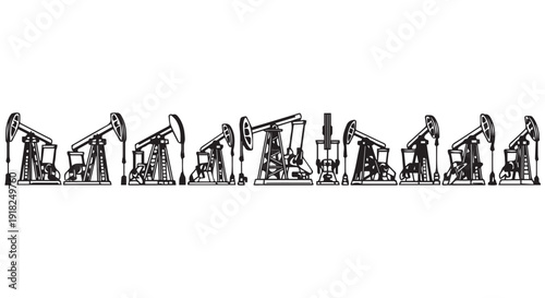 A line of pumpjacks or nodding donkeys in a row, oil and gas extraction, industrial equipment, energy production, black and white illustration.