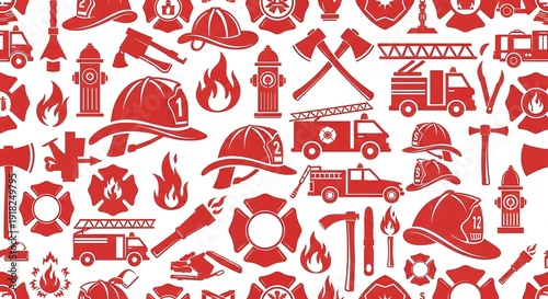 Firefighter Equipment and Symbols Pattern Red on White Background.