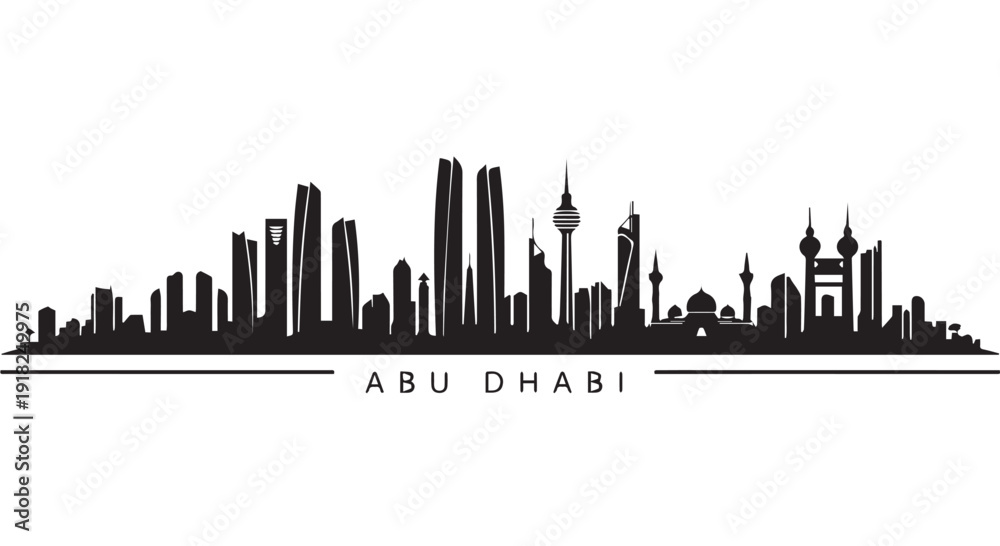 Fototapeta premium Abu Dhabi city skyline silhouette, modern UAE urban landscape with skyscrapers and towers, cityscape illustration.