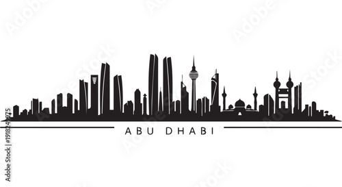Abu Dhabi city skyline silhouette, modern UAE urban landscape with skyscrapers and towers, cityscape illustration.