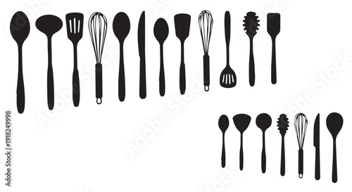 Collection of kitchen utensils silhouettes including spoons, spatulas, whisks, and brushes on Transparent Background for cooking and baking.
