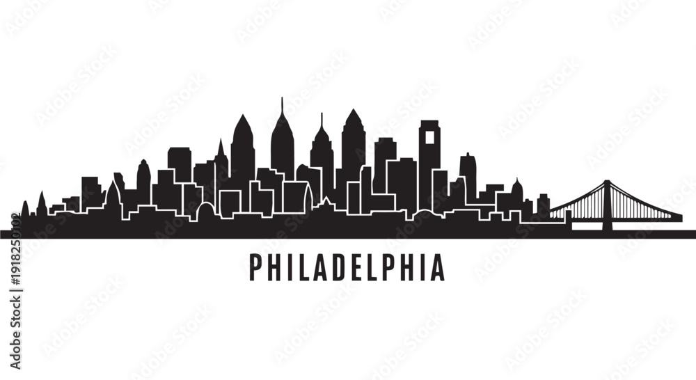 Obraz premium Philadelphia city skyline silhouette illustration with iconic buildings and Delaware River bridge on Transparent Background.