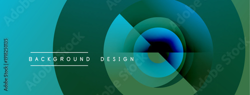 Abstract design features overlapping circles, gradients. Teal, green hues dominate composition. Text reads background design. Minimalist aesthetic.