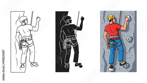 Rock climber man with harness and helmet climbing artificial wall, set of three illustrations outline, silhouette and color vector drawing