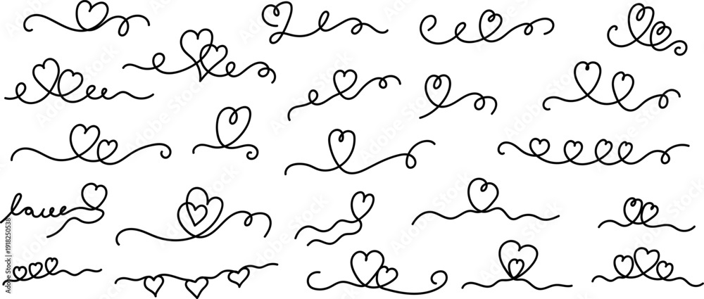 Obraz premium Hand-drawn heart doodle collection with elegant swirling lines and romantic flourishes. Cute decorative elements perfect for Valentine’s Day, weddings, invitations, greeting cards, typography accents,