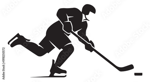 Silhouette of a hockey player in action, skating and hitting a puck with a stick on ice, dynamic sports illustration.