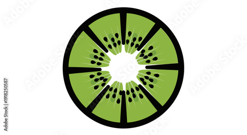 Stylized fresh green kiwi fruit slice with black seeds, isolated white background.