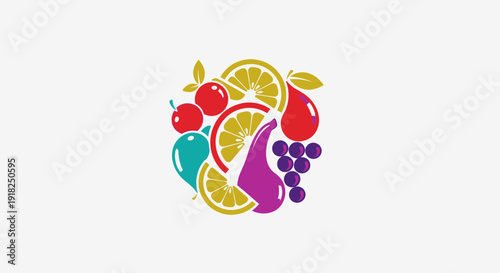 Vibrant abstract fruit medley logo with orange, grapes, cherries, lemon, plum, and kiwi, isolated white background.