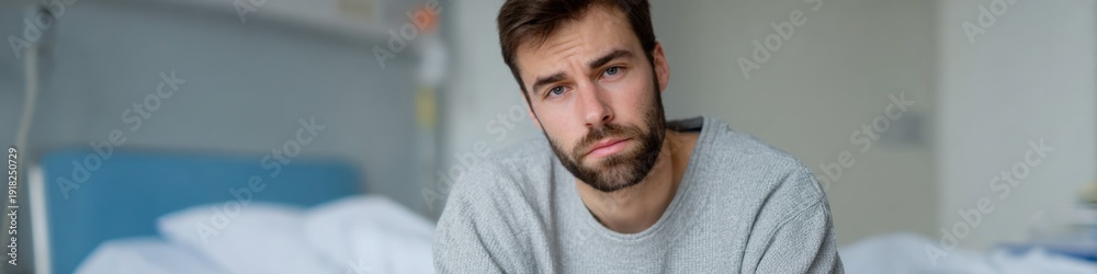 Fototapeta premium Caucasian young male in hospital room with pensive expression