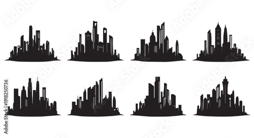 Collection of seven modern city skylines in black silhouette on Transparent Background for design and architecture concepts