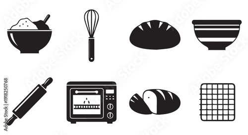 Collection of baking icons including mixing bowls, utensils, and oven on Transparent Background, perfect for culinary themes.