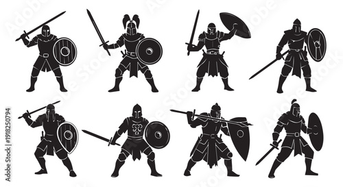 Eight black silhouettes of medieval warriors with swords and shields in various fighting stances on Transparent Background.