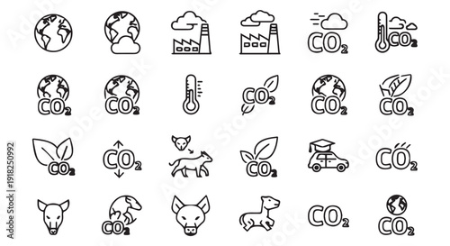 Detailed black and white illustration of eco friendly icons, including earth, pollution, and renewable energy symbols, on a Transparent Background, promoting environmental awareness.